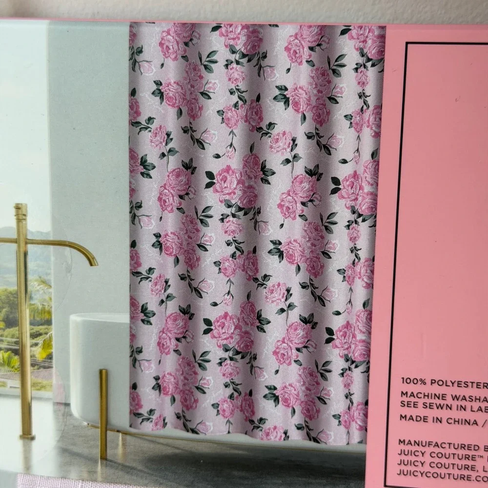 New Juicy Couture 70x72 Fabric Shower Curtain Hooks Pink Floral Flowers Roses